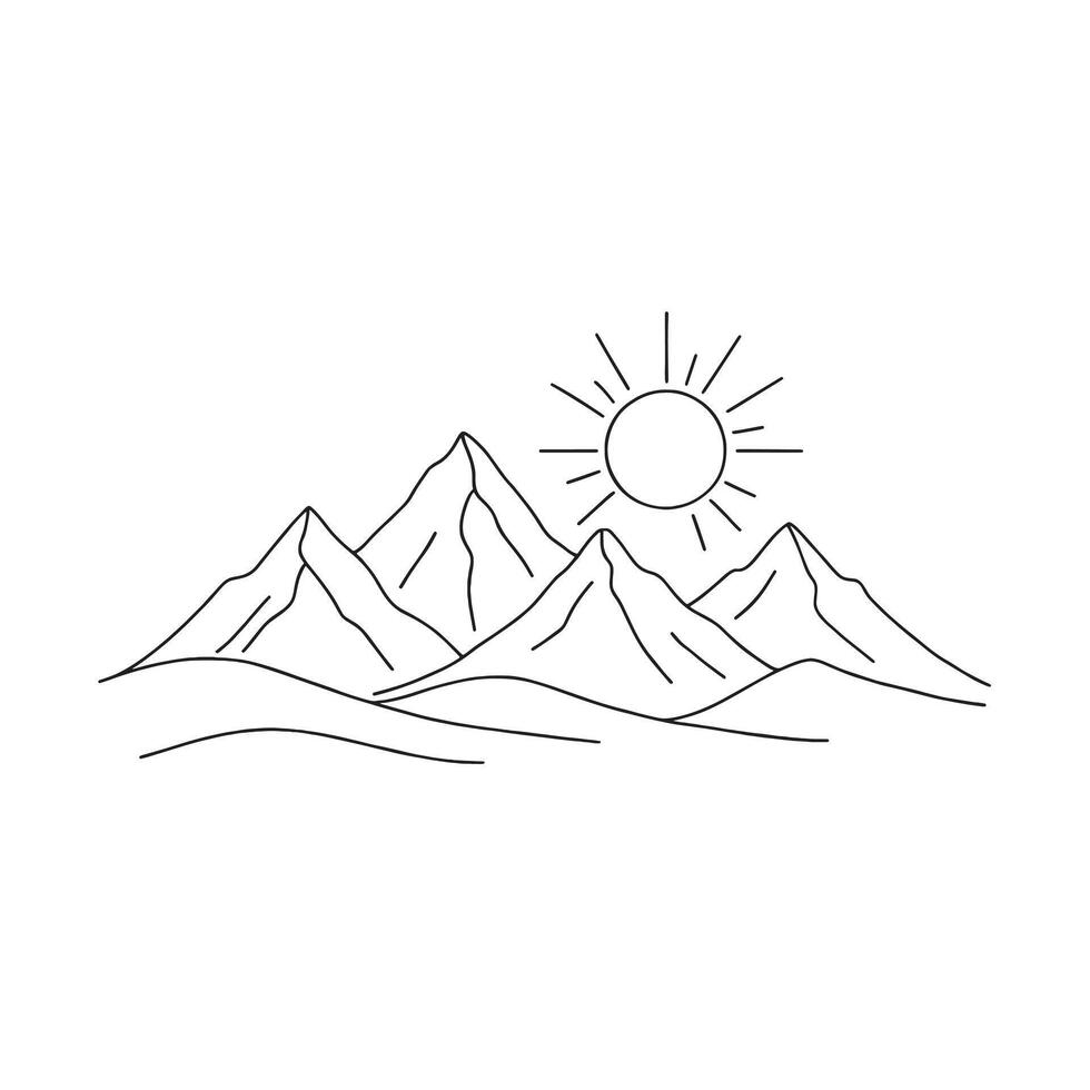 A minimalist line drawing of a mountain range with a shining sun above the peaks on white vector