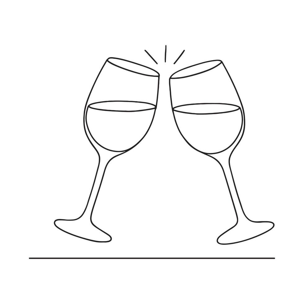 Two wine glasses toasting with a simple line drawing on a white background illustration vector