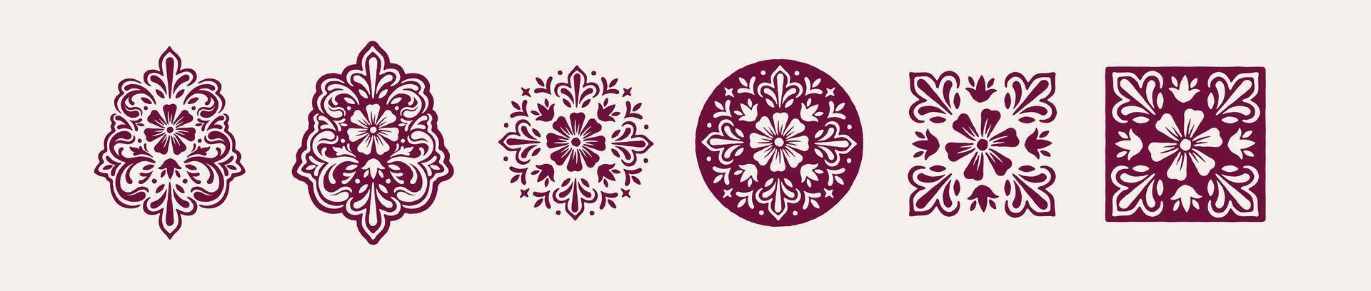 Floral ornamental motifs. Elegant hand drawn decorative illustration set. Radial pattern, tile, symbol, flourishes in traditional style. Isolated elements. vector