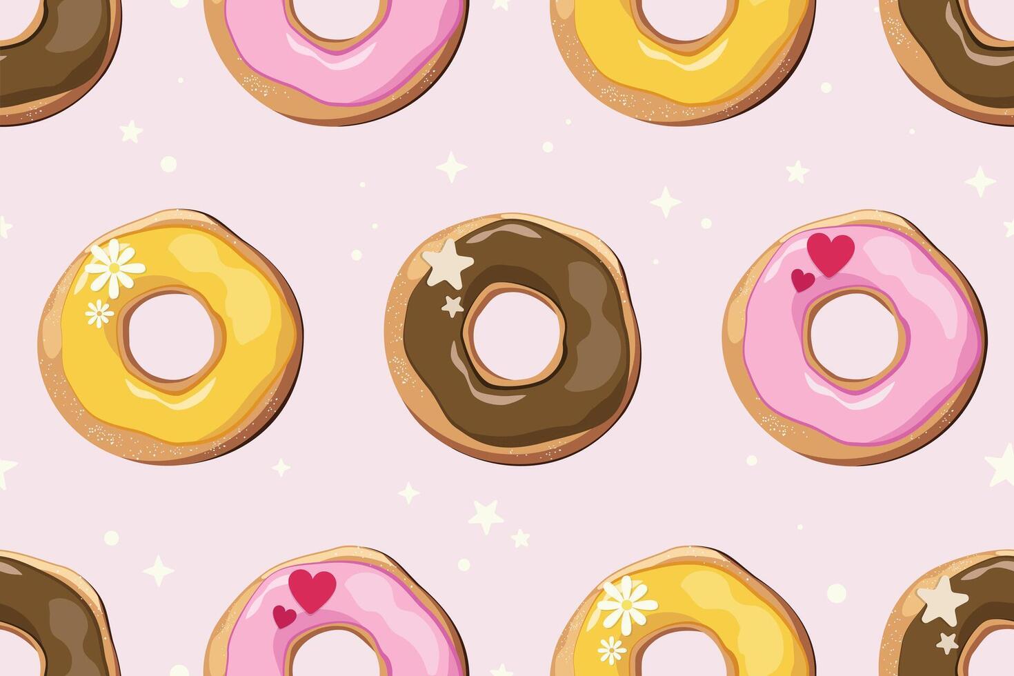 Gourmet frosted donuts seamless pattern. Hand drawn cartoon style dessert illustration for bakery and cafe branding, wallpaper, background, and packaging. vector