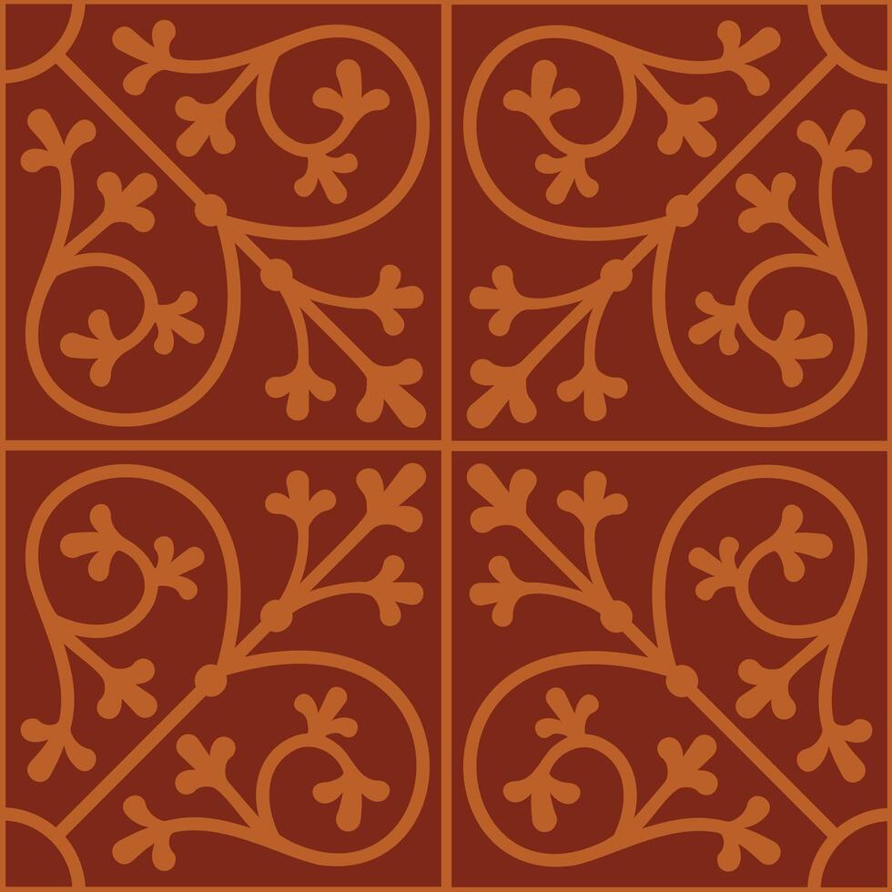 Ornamental tile seamless pattern. Botanical, foliate motif decorative illustration. Traditional, heritage hand drawn medieval repeatable wall tile, floor tile graphic. vector