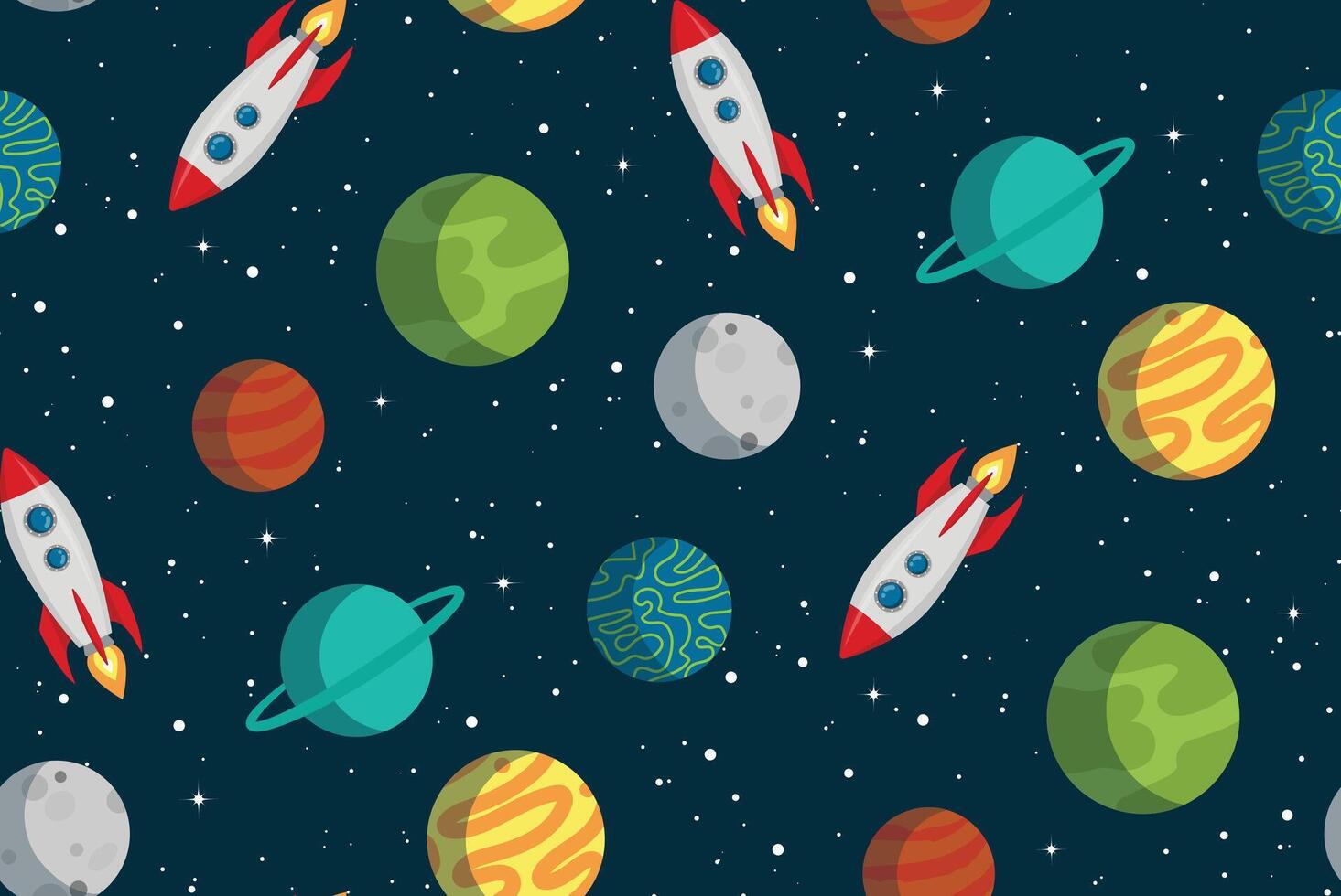 Space seamless pattern. Rocket, planets, moon, and stars astronomy illustration. Science cartoon background repeating design. vector