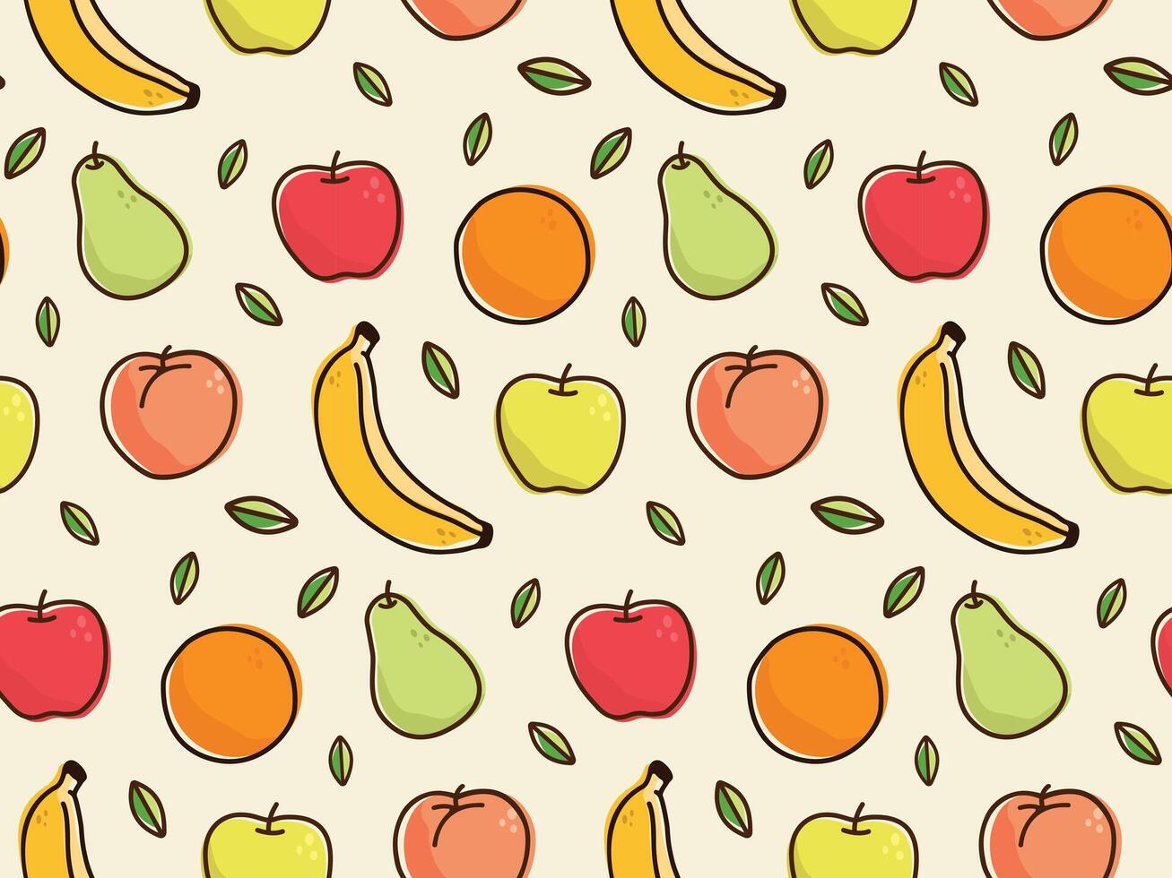 Fruit illustration seamless pattern. Apples, banana, orange, pear, and peach modern drawings with leaves. Fresh, healthy, vegetarian, food art for wallpaper, backgrounds. vector