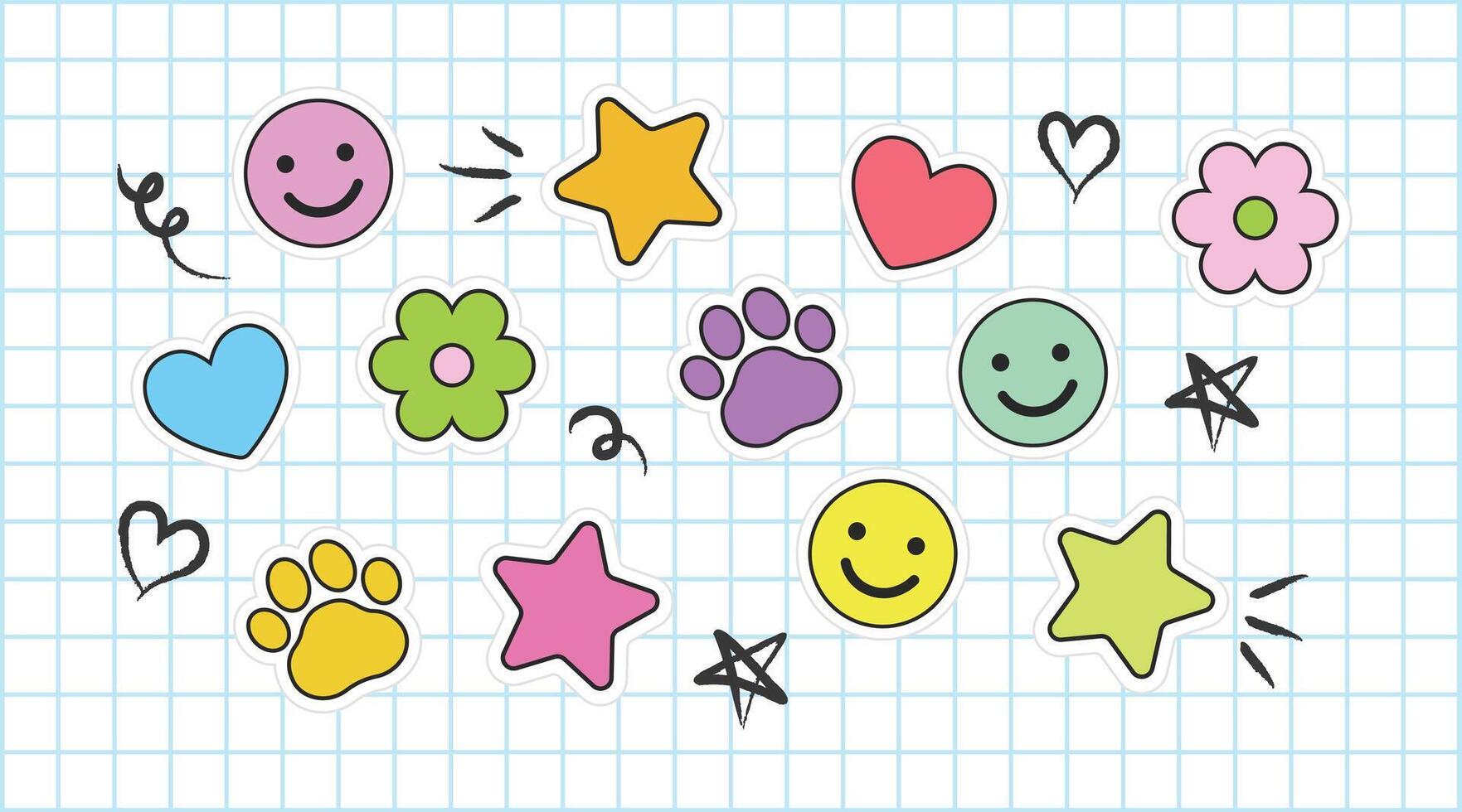 Cute bandaid illustrations. Colorful cartoon graphic bandage set with smiley face, flower, heart, paw, star, and sun. Kids, pediatrics, medical industry adhesive plaster. Isolated elements. vector