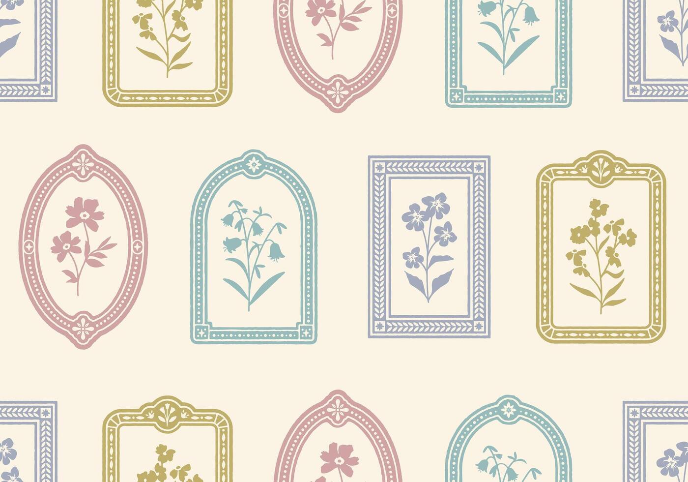 Framed hand-drawn flowers seamless pattern. Vintage ornamental frames and delicate flowers. Botanical wallpaper for packaging, stationery, or textiles. vector