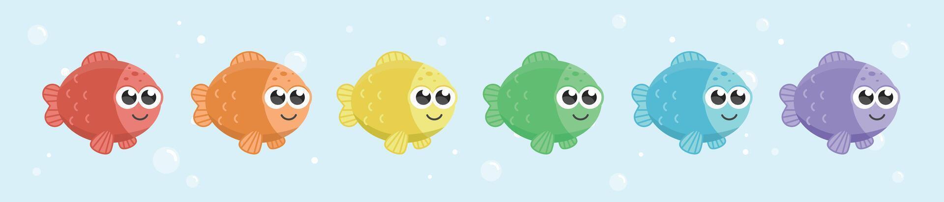 Cute rainbow fish illustrations. Colorful cartoon sea creatures with bubbles. Kawaii style for kids, classroom, stickers, educational projects. Isolated elements. vector