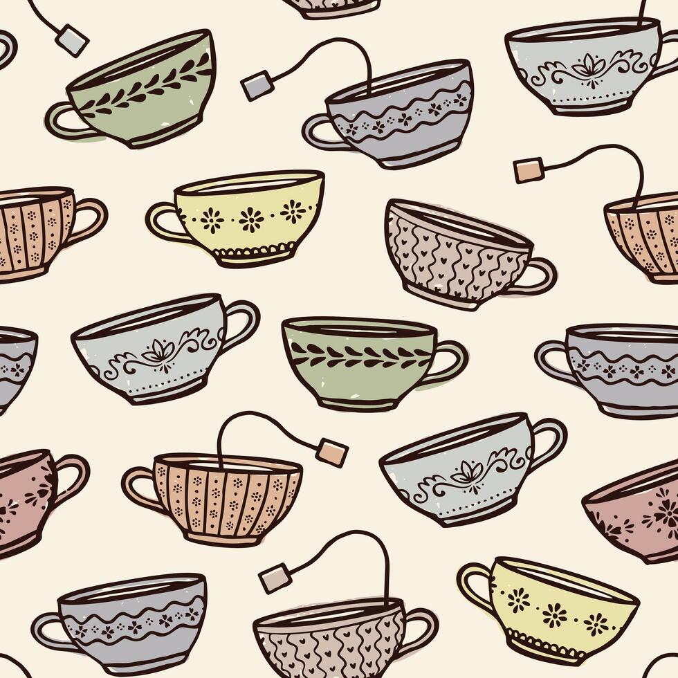 Seamless hand drawn teacup pattern. Cozy, trendy, vintage style illustrated pattern with ornamental tea cups. vector