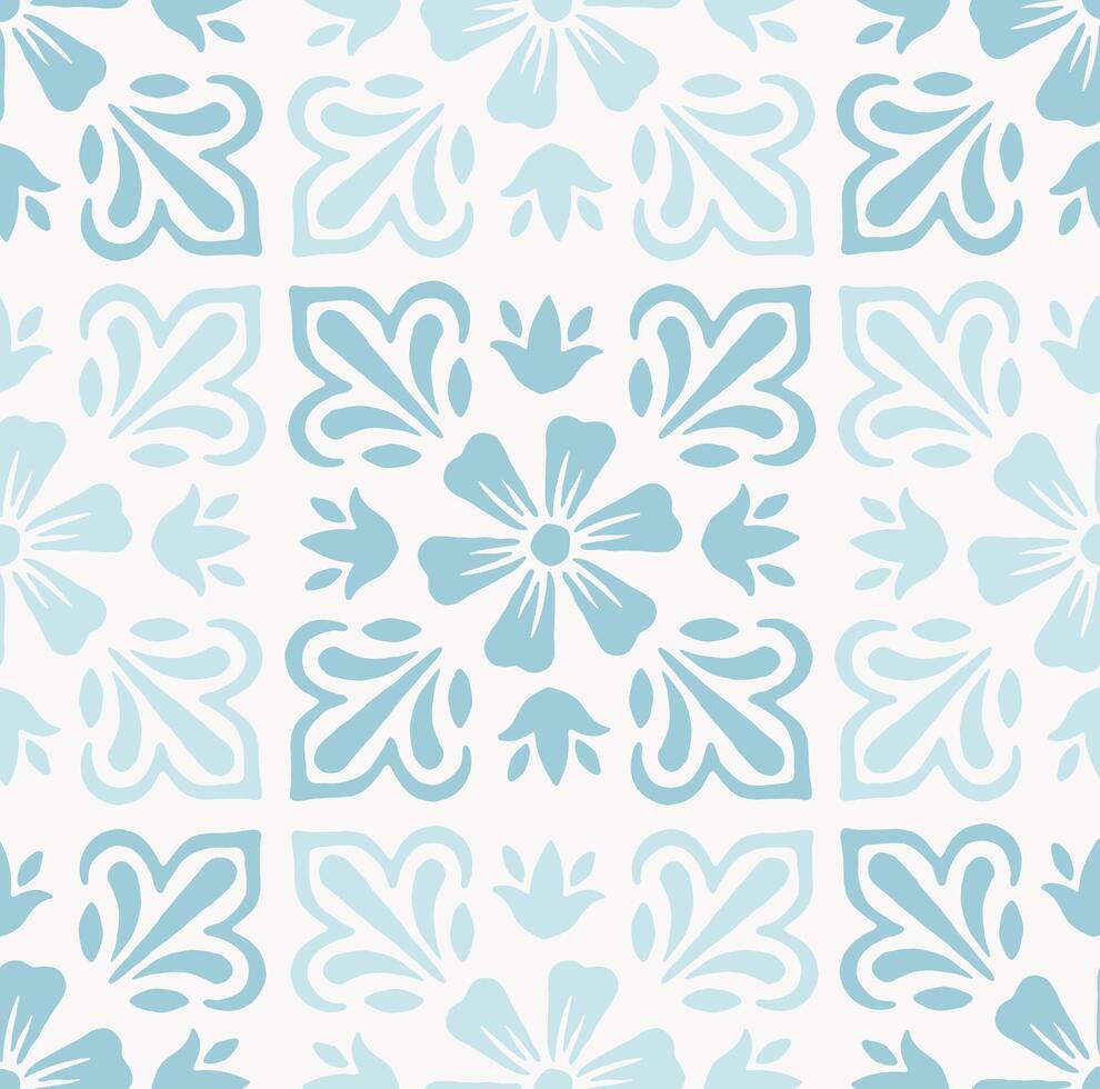 Ornamental tile seamless pattern. Hand drawn blue floral and flourishes background. Elegant, ornate, traditional, decorative azulejos for spa, wedding, beach designs. vector