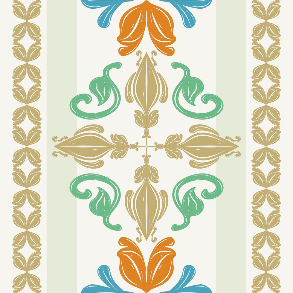 Playful Amalfi Baroque Filigree Foliage Scroll Ornament Exquisite Style Orange Blue Green Gold on White Background. Classy Glamorous Seamless Border Pattern Illustration for Handicraft Neck Tiles Rug vector