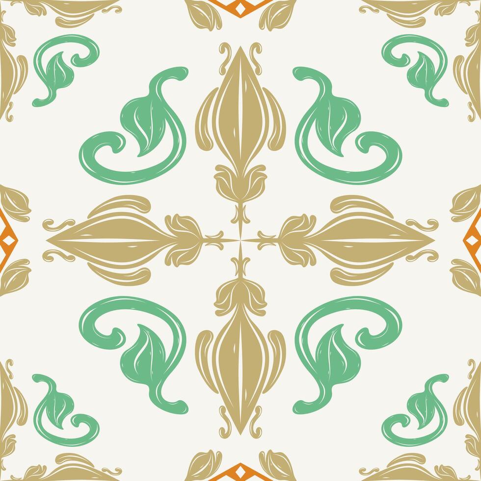 Ancient Foliage Elaborate Royal Scroll Ornament Seamless Embroidery Filigree Repeat Pattern with Gold Green Brown on White Background. Classical Baroque Medieval for Interior Carpet Tiles Textile Lace vector