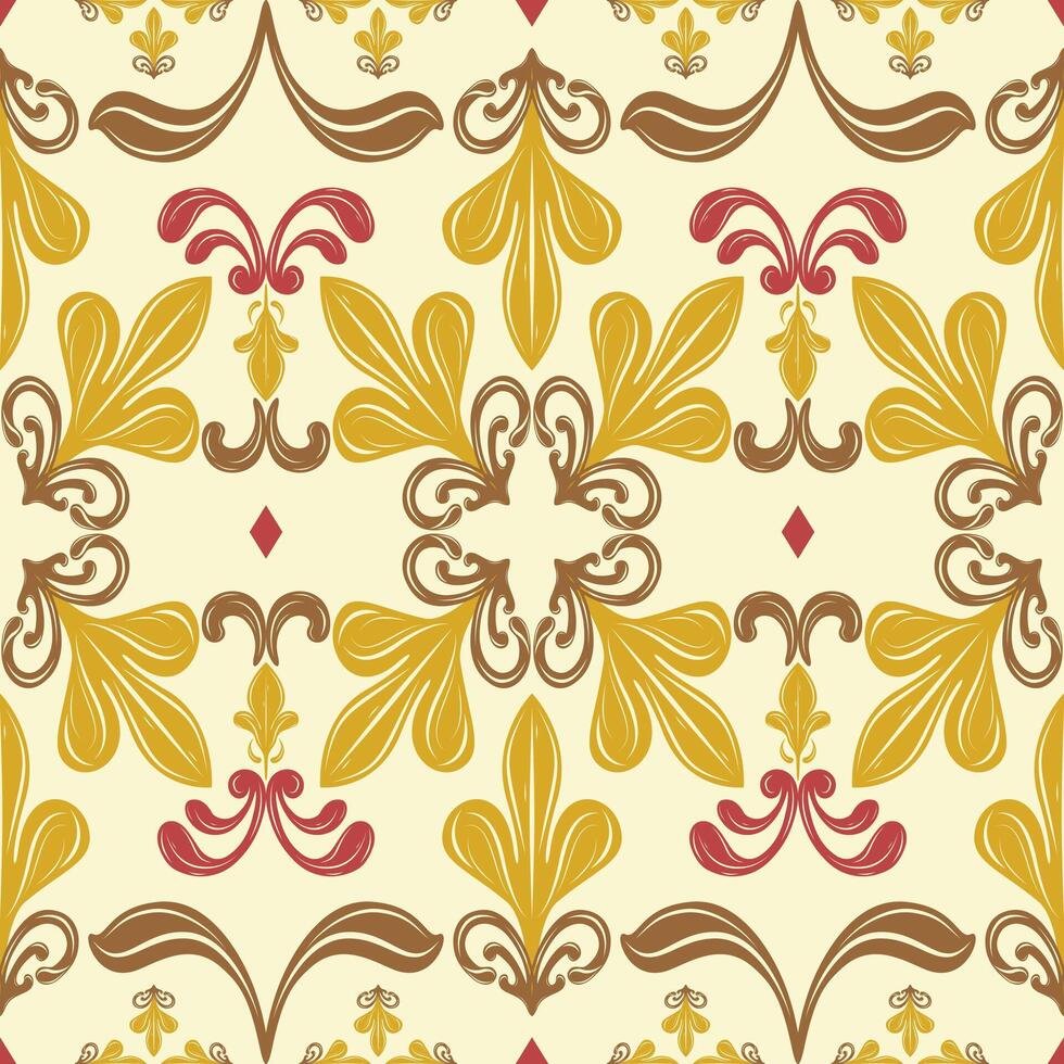 Golden Fleur de lis Lily Boteh Ethno Inspired Seamless Pattern. Luxury Warm Autumn Brown Yellow Red Petals Vines Florals Leaf Scroll Ornament Repeat Design for Fabrics Textiles Fabrics Paper wrap Rug vector