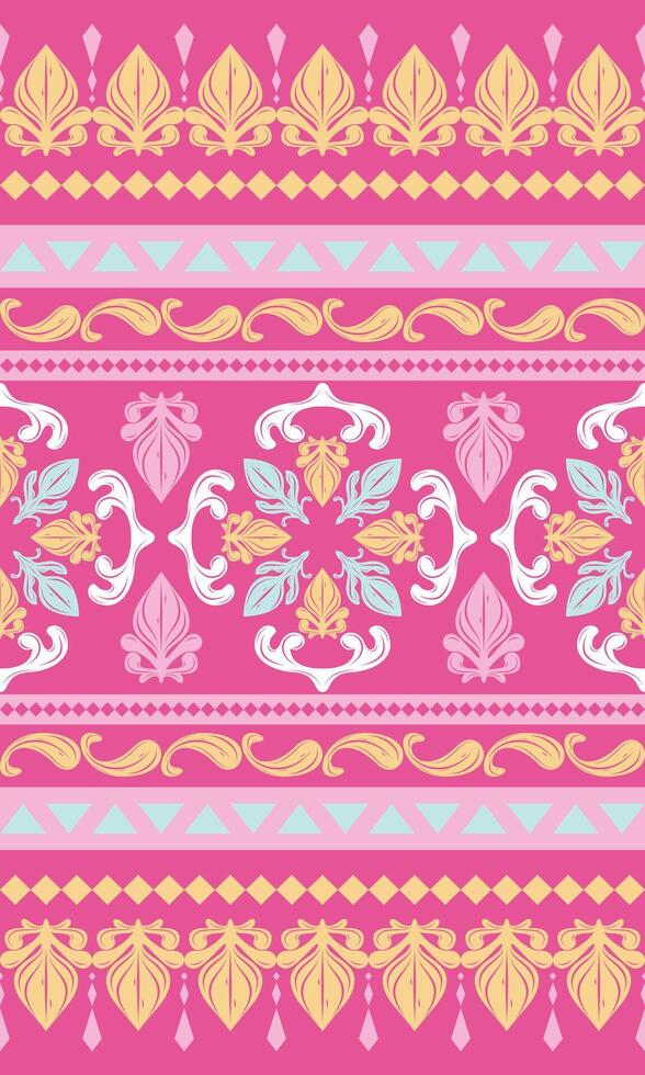Brilliant Gorgeous Batik Arabic Seamless Border Pattern. Baroque Inspired Ornament Pink Yellow Sky Golden Luxury Style Embellishment Delicate Design for Wallpaper, Hand Drawn, Textiles, Fabric Print vector