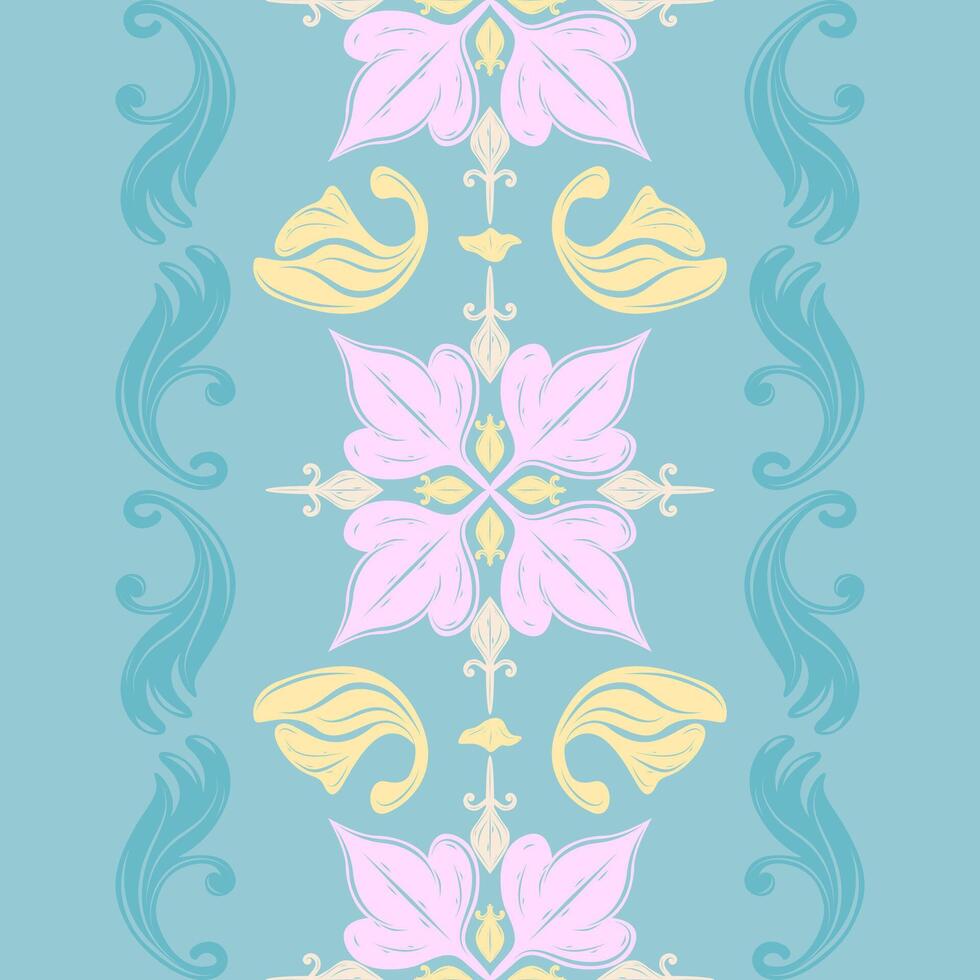 Flow and Fly Floral Petal Pattern Border Intricate Silk Weaves on Pastel Tones Pink Yellow Blue Seamless Design. Elegance Adorable Sweet Dream Scroll Ornament Haute Couture For Fabrics Embroidery Lace vector