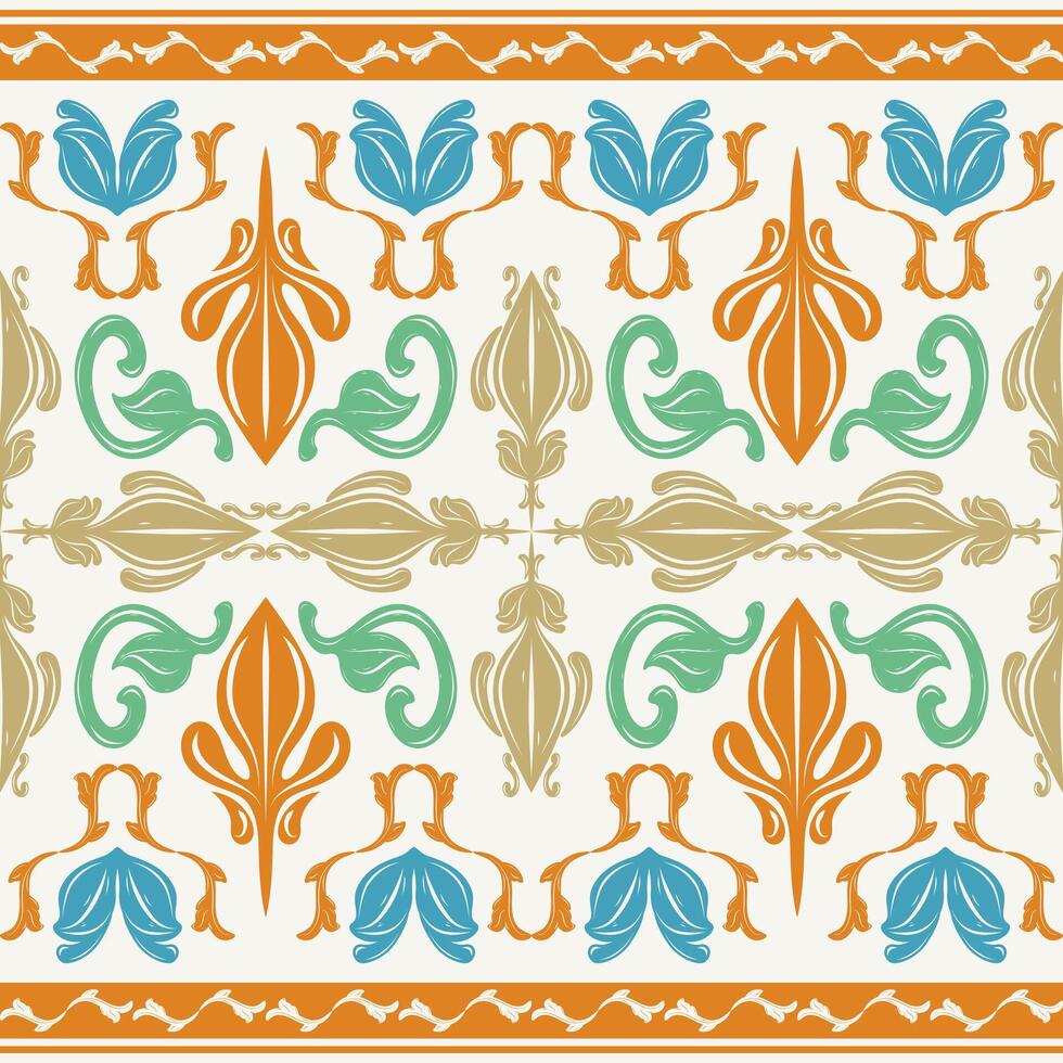 Amalfi Botanical Playful Delight Color Hand Drawn Medieval Scroll Ornament with Blue Green Orange Gold on White Background. Luxury Spring Season Blooming for Fabric Tiles Mosaic Silk Textile Fashion vector