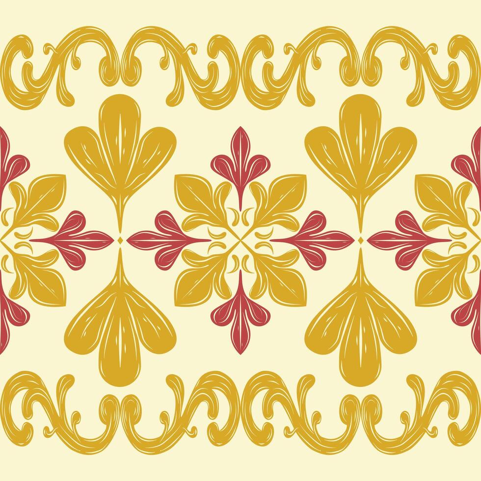 Charming Baroque Art Deco Abstract Nature Inspired Curly Scroll Ornament Seamless Border Pattern with Red Gold on Light Yellow Background. Delicate Deluxe Luxury Autumn Mattress Carpet Fashion Clothes vector