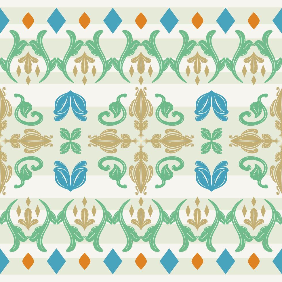 Baroque Rococo Seamless Border Pattern with Cool Refreshing Bright Warm Color Blue Green Gold Orange on White Background. Luxury Elaborate Handicraft Rich Textiles Fabrics Medieval Style Garment Scarf vector