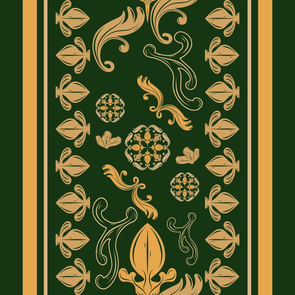 Abstract Faithful Illustration Baroque Arabic Design with Royal Exquisitely Ornament Gold on Deep Green Background Delicate Fine Seamless Border Pattern for Silk Weaves Cover Frame Card Embroidery Rug vector