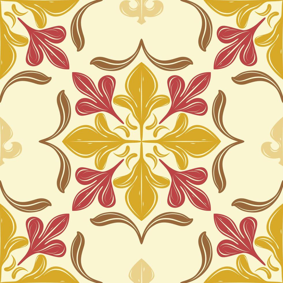 Autumn Inspired Red and Golden Maple Leaves Medieval Rococo Style Seamless Pattern on Light Yellow Background. Delicate Warmth Sunset Botany for Luxury Elegance Design Tiles Wallpaper Curtain Shirt vector
