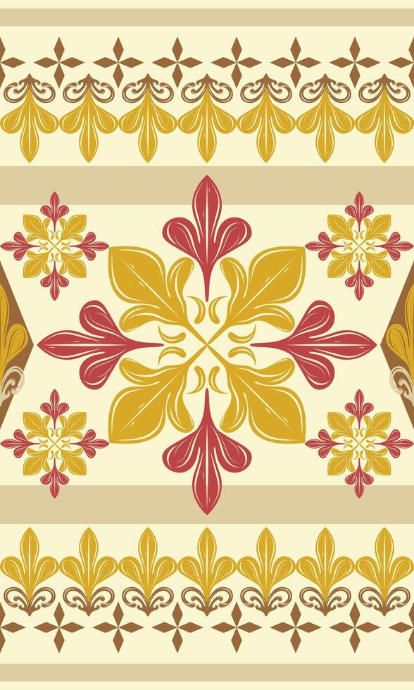 Traditional Elegance Timeless Deluxe Medieval Victorian Baroque Art Deco. Whimsical Warm and Light Autumn Red Yellow Gold Hue Tones Seamless Border Pattern. Handicraft Regency Florals Embroidery Scarf vector
