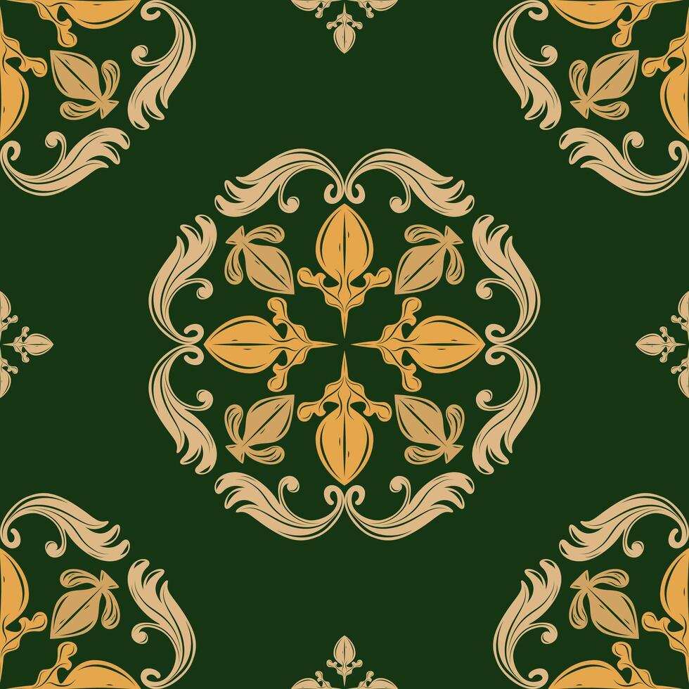 Classic Beautiful Damask Embellishment Doilies Filigree Elegance Decorative Design with Gold Element on Deep Green Florals Seamless Pattern. Delicate Repeat Rich Detailed Wallpaper Tiles Card Carpet vector