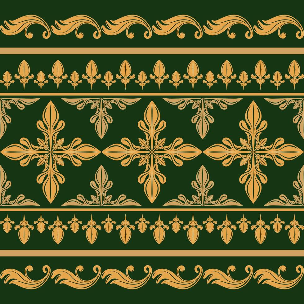 Historical Flawless Classic Elaborate Baroque Seamless Border Pattern Golden Silk Weaves Scroll Ornament Florals Filigree on Royal Deep Green Luxury Style for Wallpaper Embroidery Marble Gypsum Fabric vector