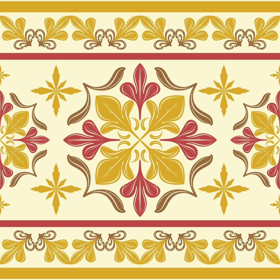 Modern Classic Medieval Decorative Autumn Inspired Red and Gold Maple Leaf Elegance Rich Scroll Geometric Ornament Seamless Border Pattern. Warm Adorable Ultra Luxury Embroidery Fabric Textile Mosaic vector