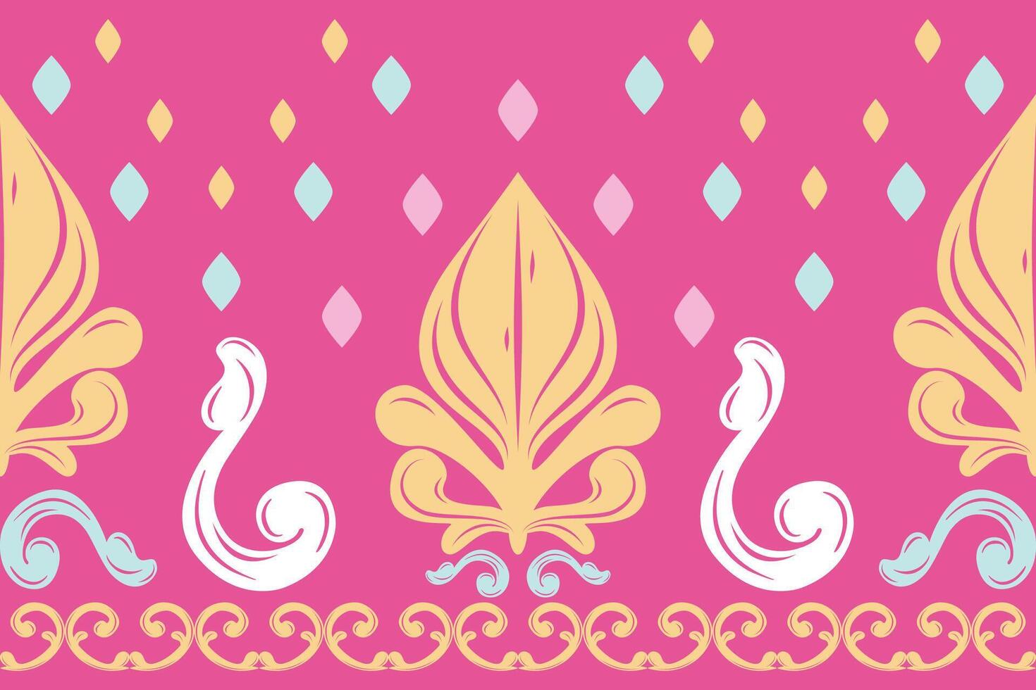 Elegance Indian Art Flourish Colorful Fabulous Element Seamless Border Pattern Magnificent Elaborate Blue White Pink Yellow Geometric Diamond Scroll Ornament for Interior Embroidery Clothes Dress Silk vector