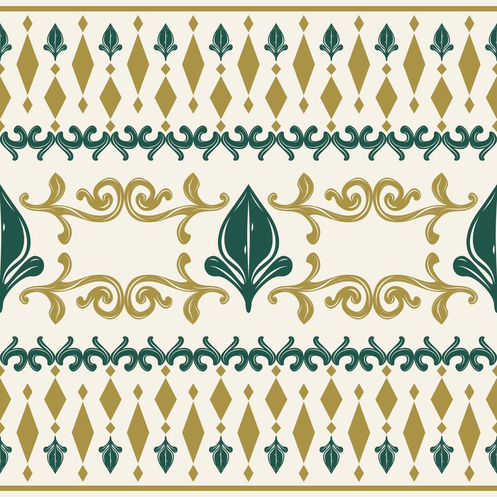 Beautiful Digital Art Scent of Antique Luxury Gold Emerald Green on White Background Delicate Baroque Seamless Border Pattern. Expensive Rich Opulence Wealth Geometric Style Fabrics Textiles Thai Silk vector