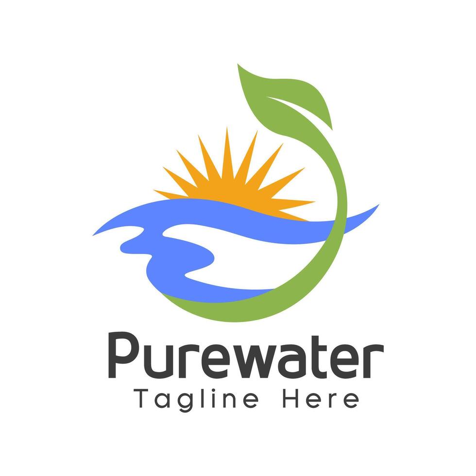 Pure Water Nature Emblem Sun Wave and Leaf Logo design vector