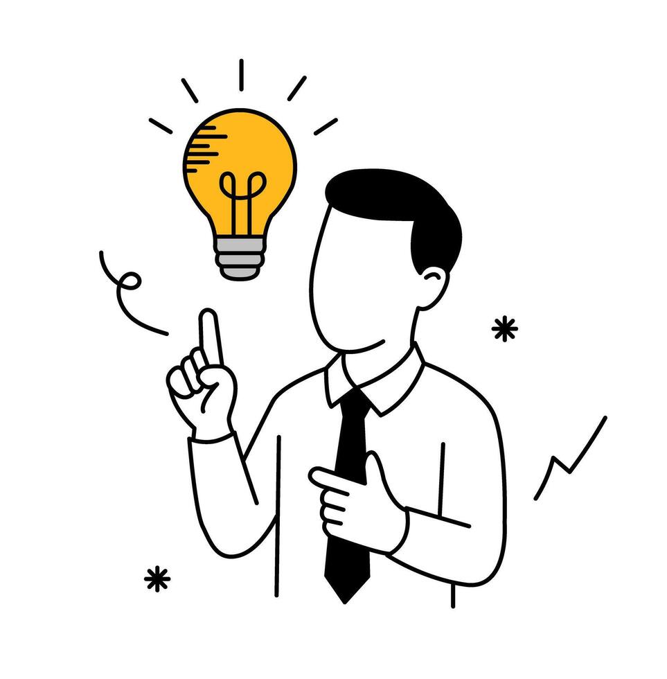 Businessman with idea. Businessman pointing to light bulb. Businessman with new idea. Businessman showing creativity. vector
