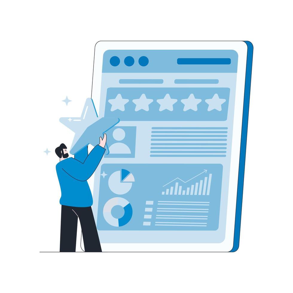 Illustration of a businessman holding a big star to give a review into a tablet that displays employee statistics in the concept of employee satisfaction. vector
