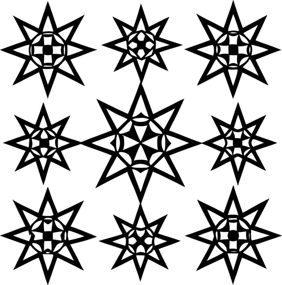 A grid of nine black and white star design vector
