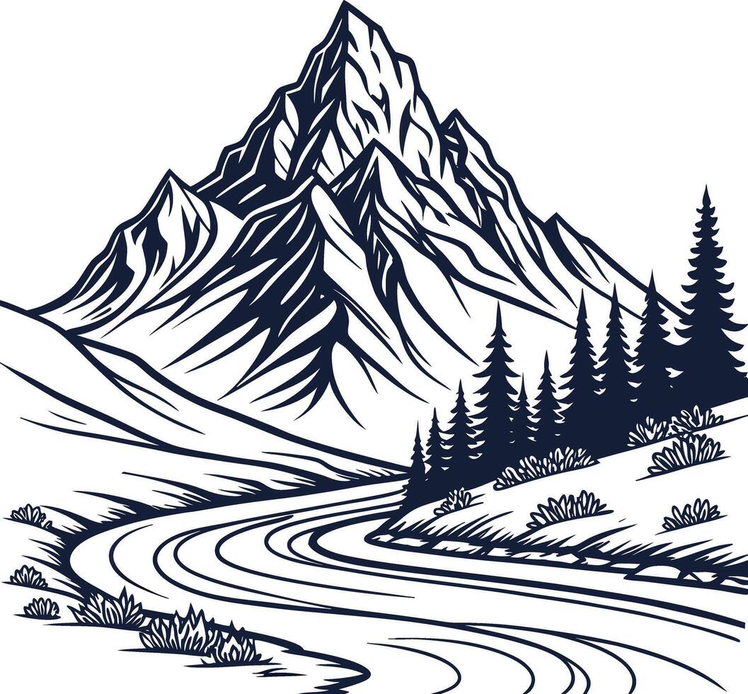 Majestic mountain range with winding river and pine trees vector