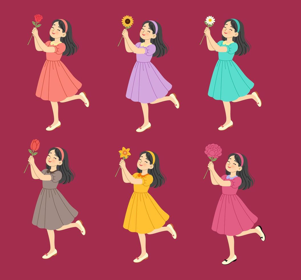 Girl holding flowers in colorful dresses vector