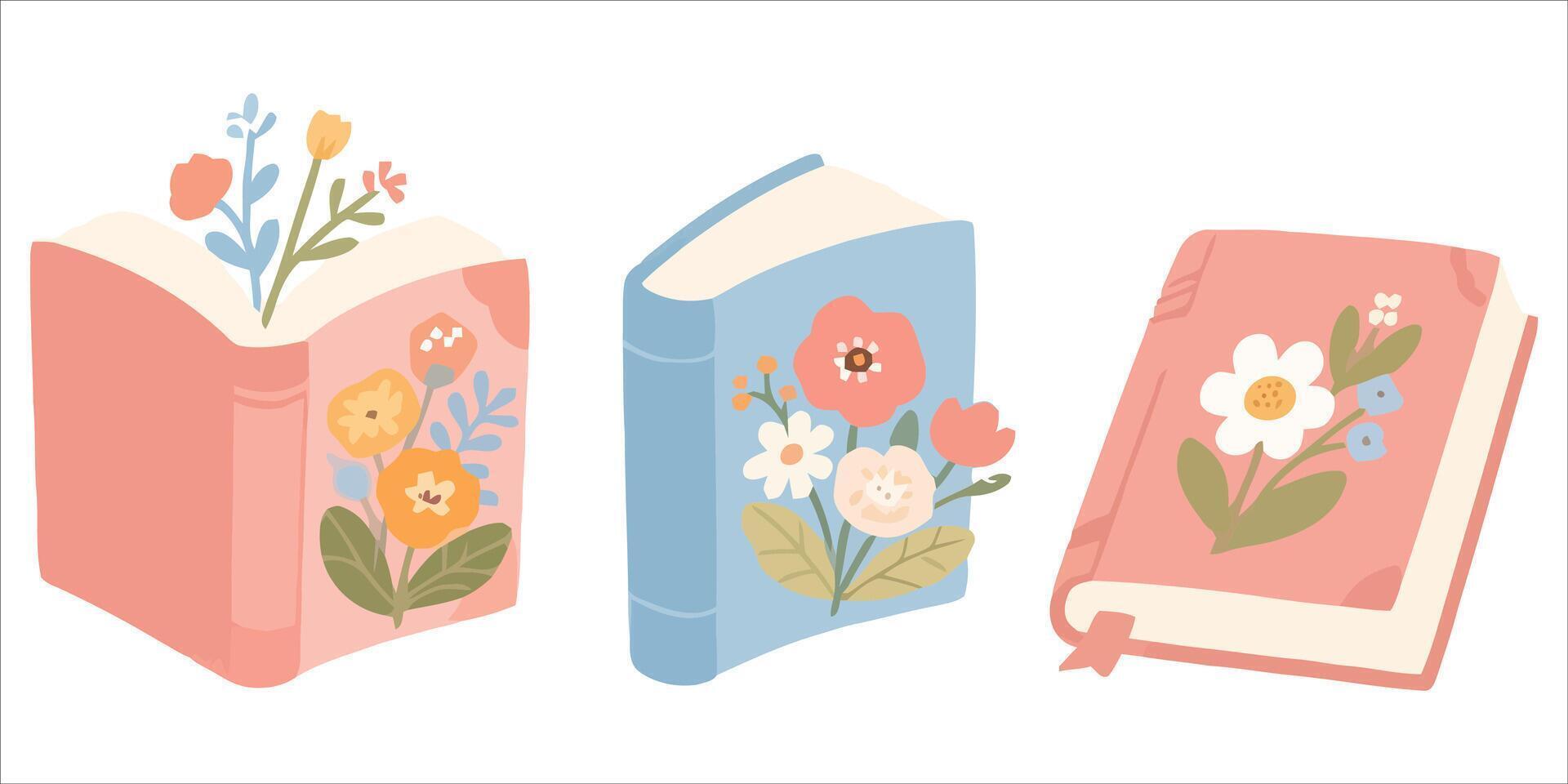 Graphics of pastel books with floral illustrations vector