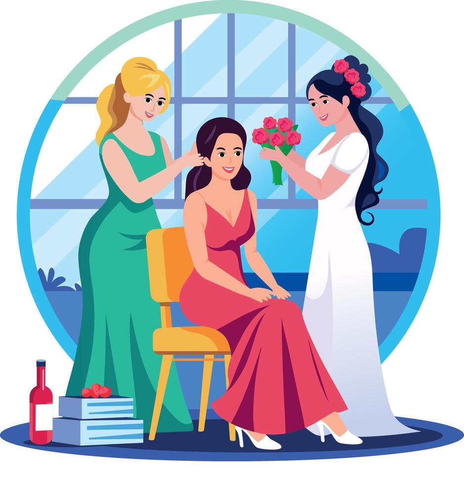 A flat style illustration showing bride friends vector