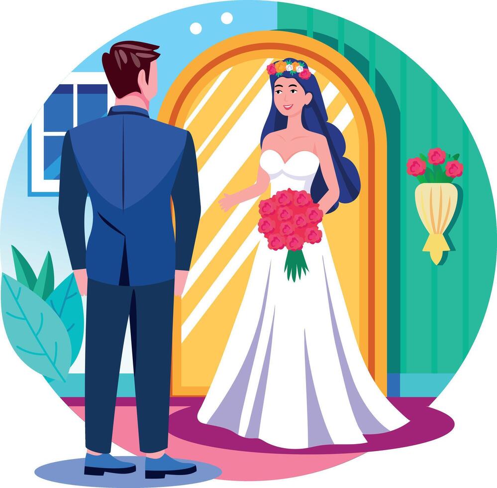 A flat style illustration showing a wedding couple vector