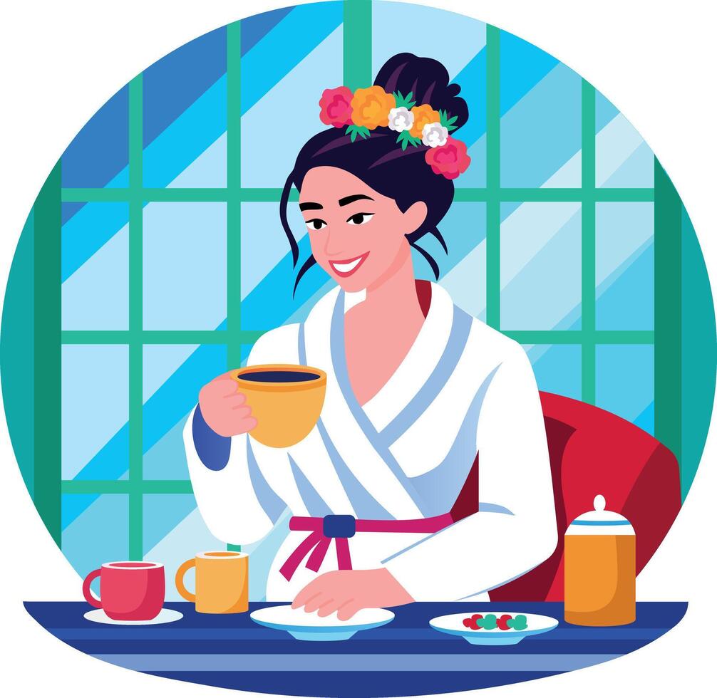 A flat style illustration showing bride drinking coffee vector