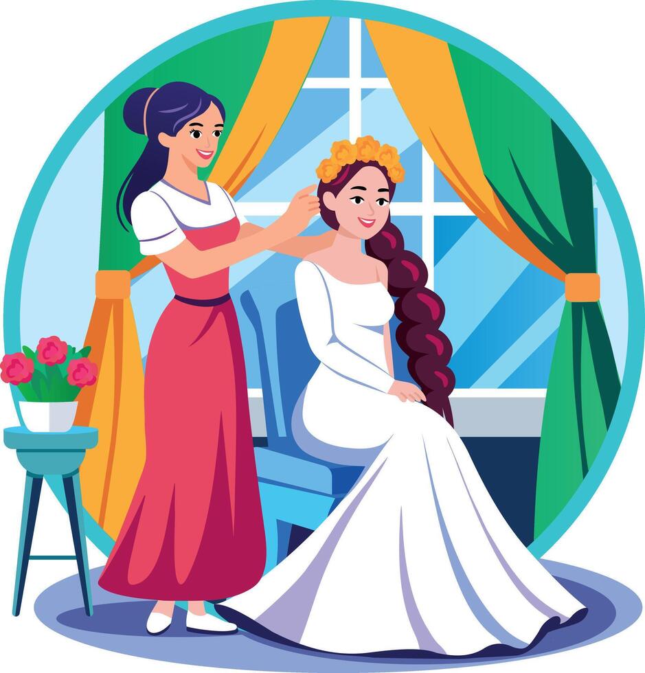 A flat style illustration showing a girl braiding of bride vector