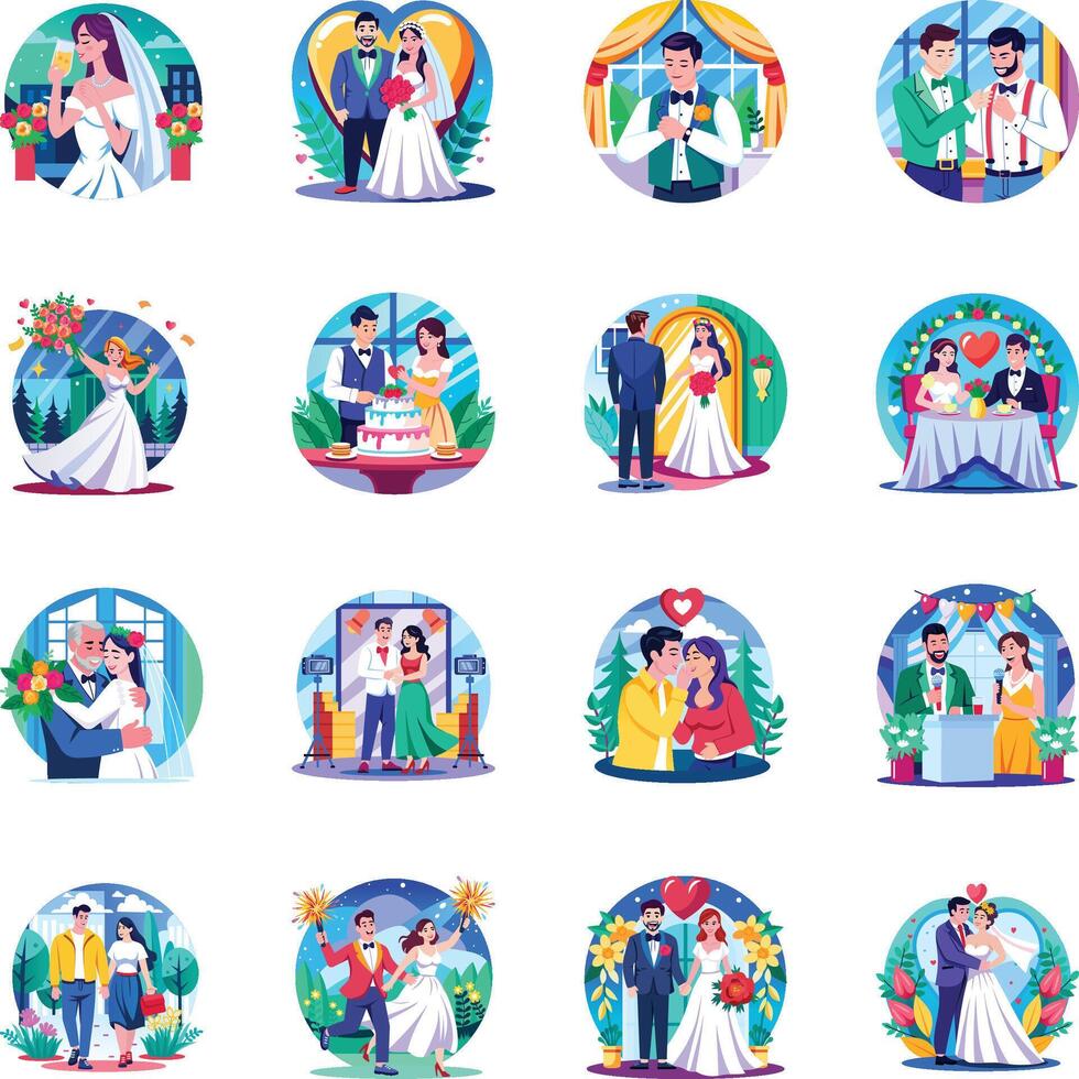 Wedding illustrations featuring joyful celebrations vector