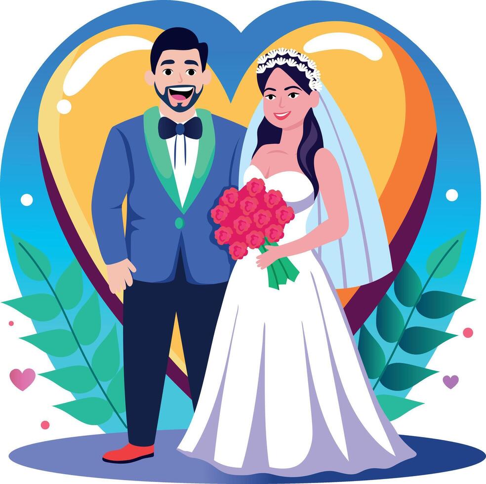 A flat style illustration showing newly married couple vector