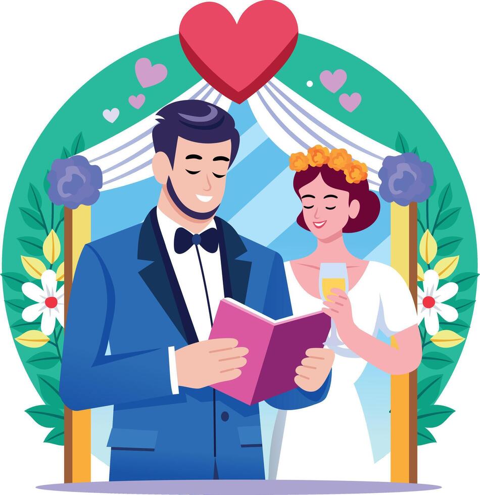 A flat style illustration showing couple reading vows vector