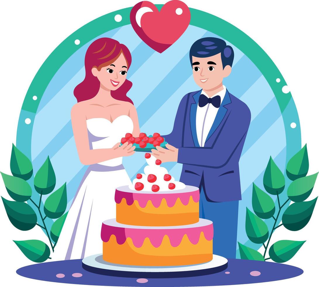 A flat style illustration showing couple cutting wedding cake vector
