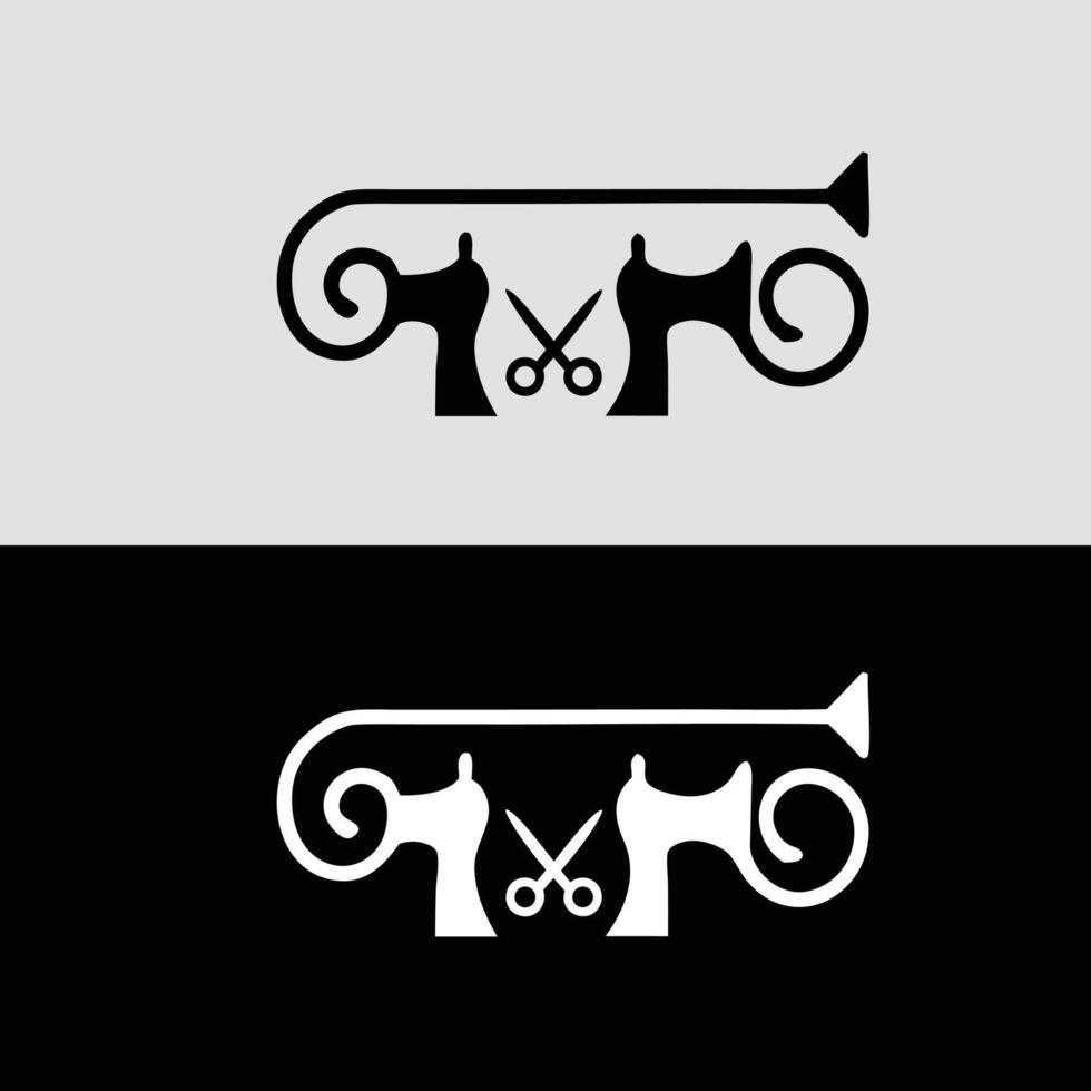 Barber shop logo design with scissors and mustache illustration in black and white background vector