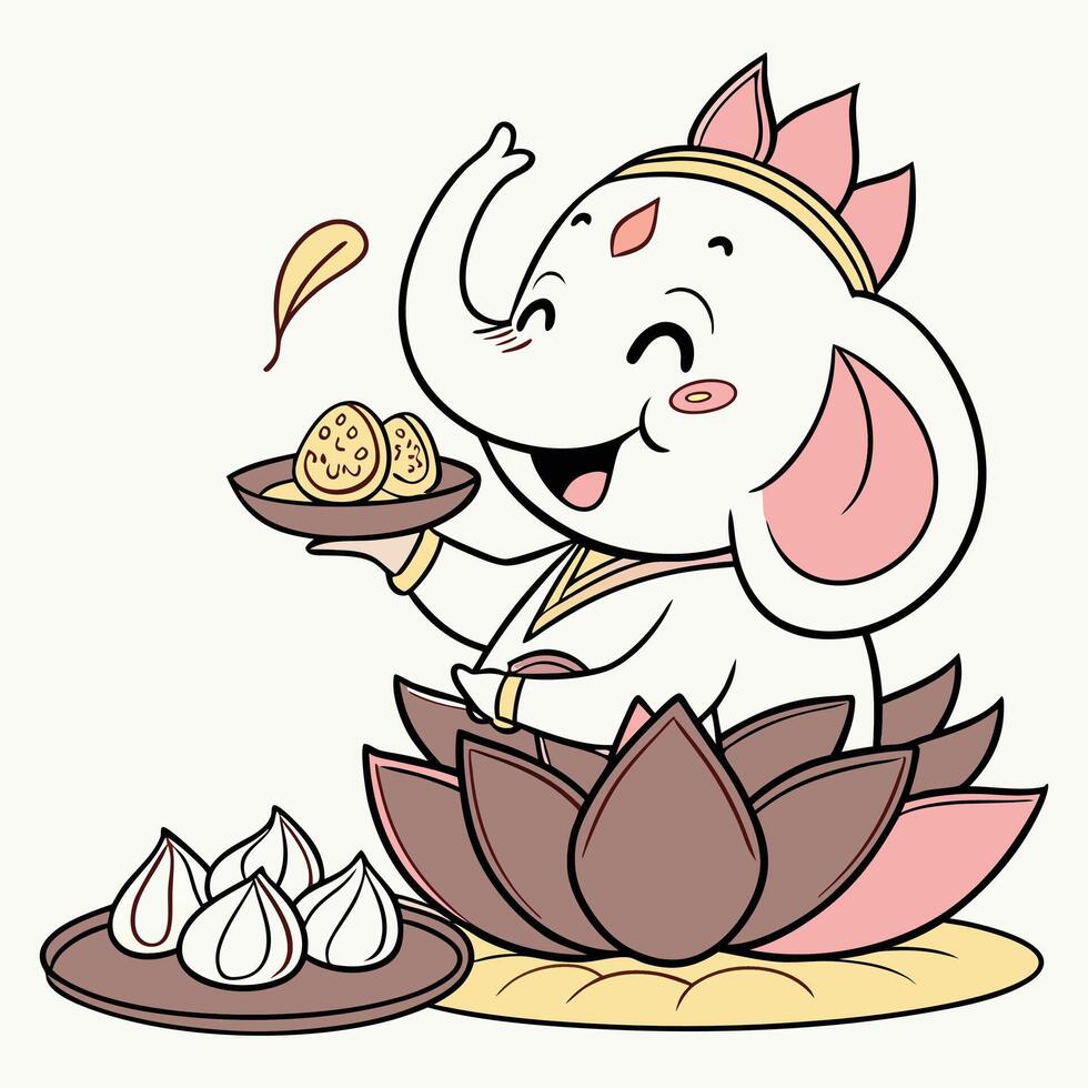 Cheerful elephant with sweets and lotus cartoon illustration vector