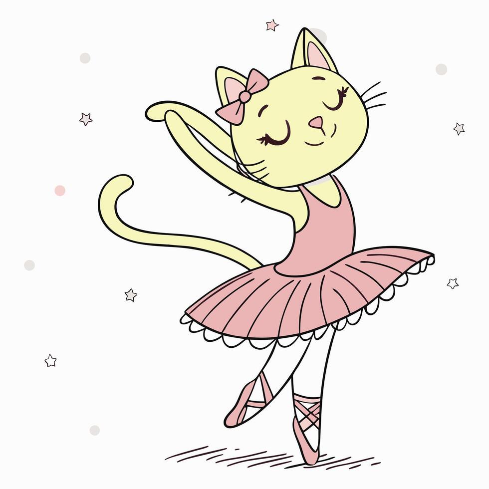 Yellow cat ballerina in pink tutu and slippers ballet vector