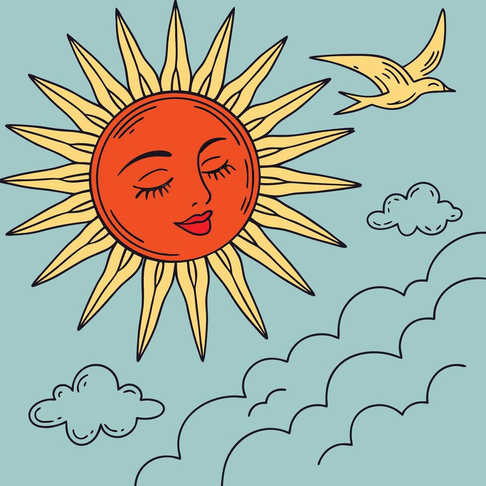 Smiling sun with bird and clouds face smile vector