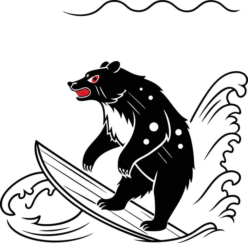 Black bear surfing ocean waves surfboard vector