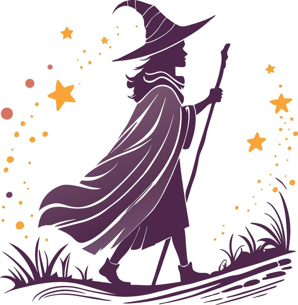 Purple witch walking with staff and stars vector
