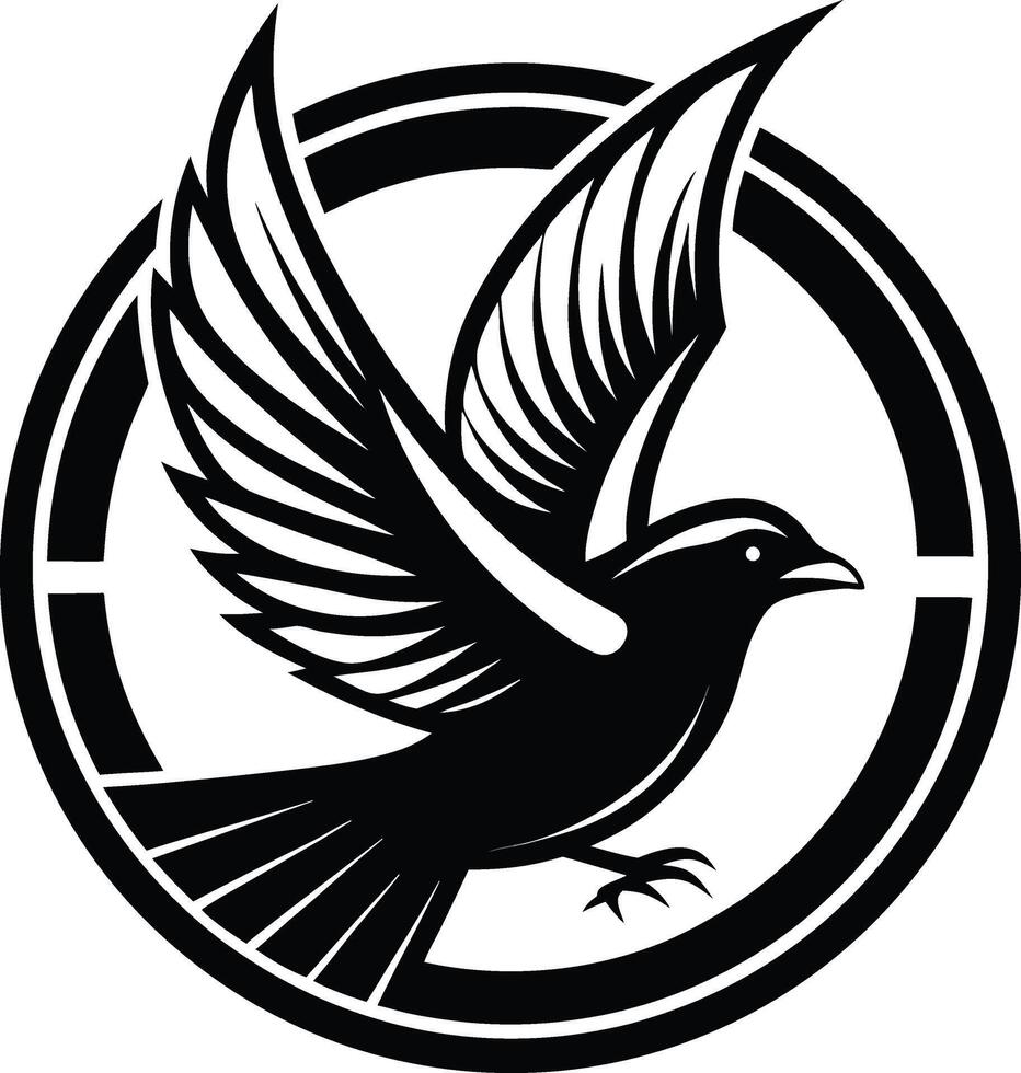 Black bird flying within a circular emblem wings vector